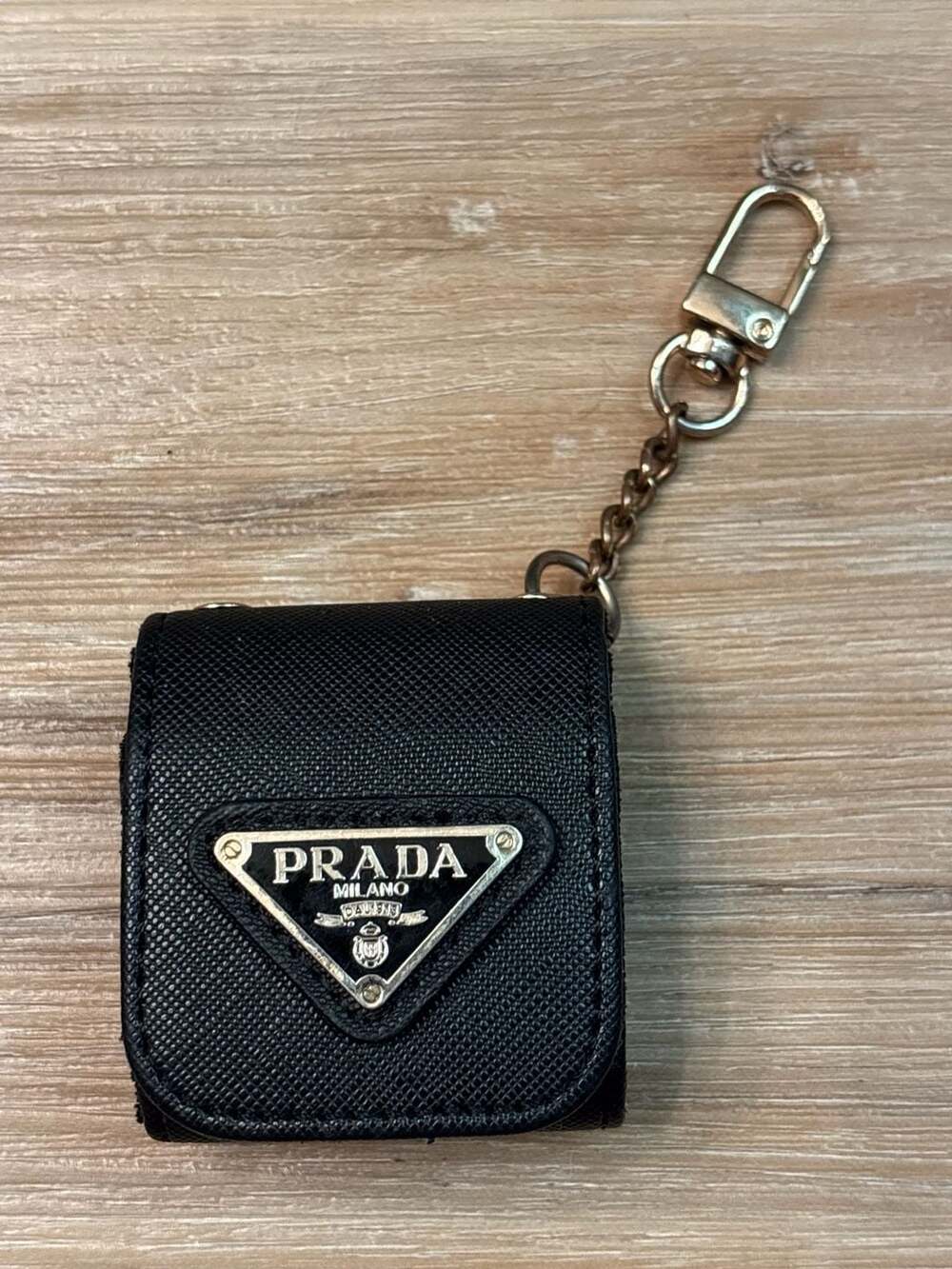 Prada Black Saffiano Leather AirPods Case Keychain